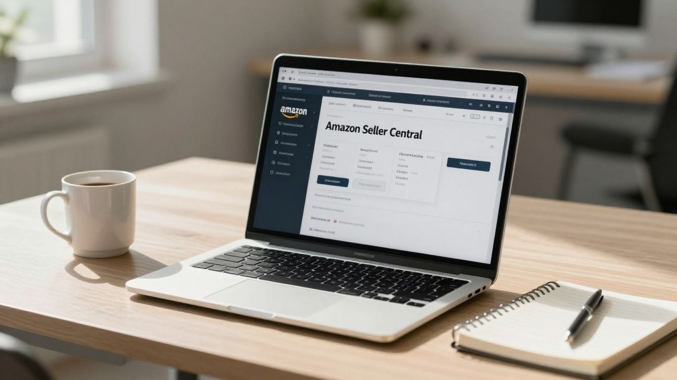 Amazon Seller Central dashboard on a laptop screen.