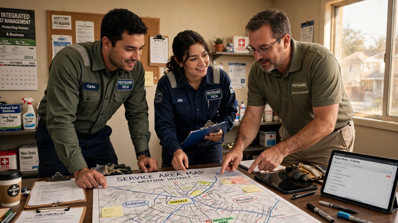 Pest control branch team reviewing local service map