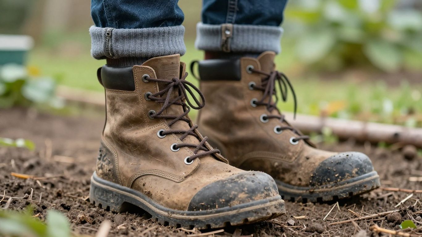 Landscaper boots and socks protecting against debris.