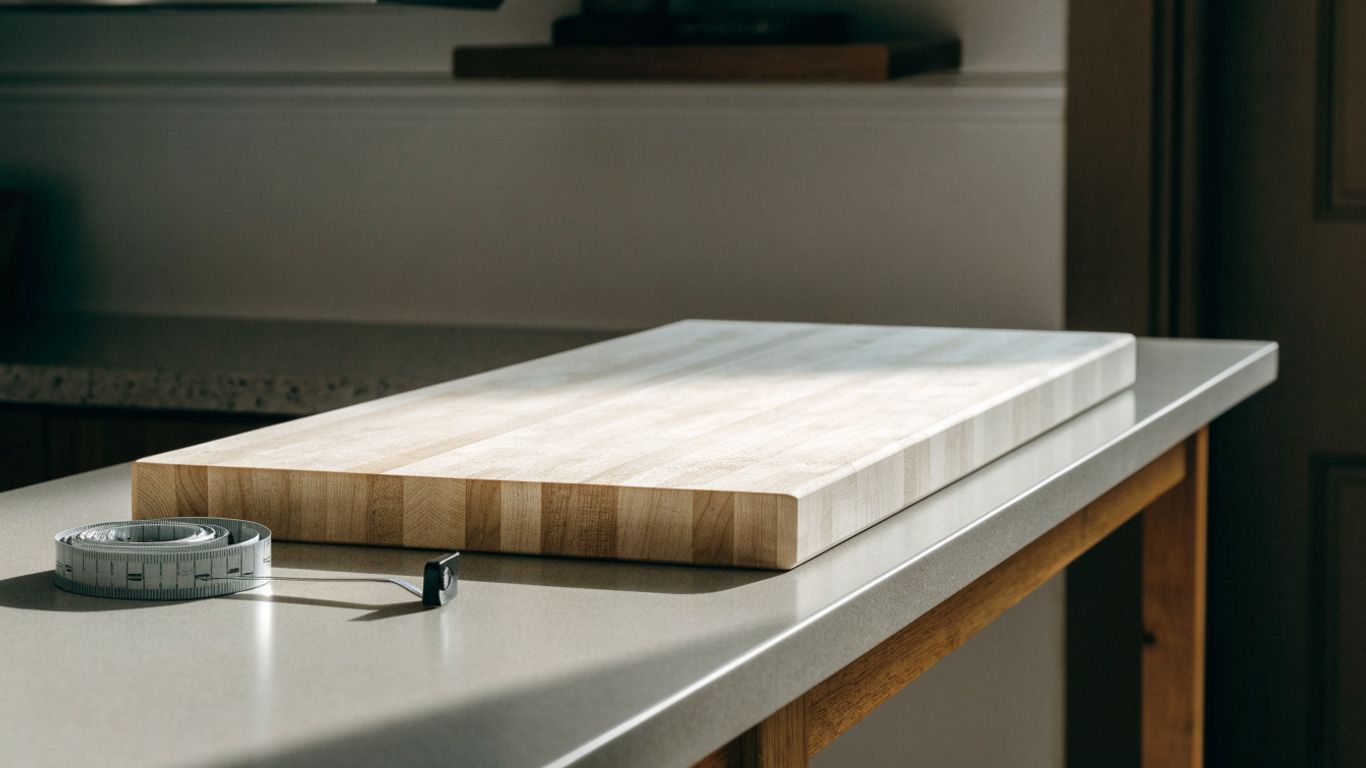 Pale maple edge grain board beside a home bar setup