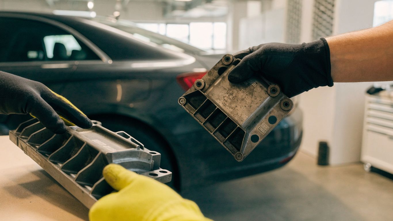 Audi parts laid out beside a car in a repair bay