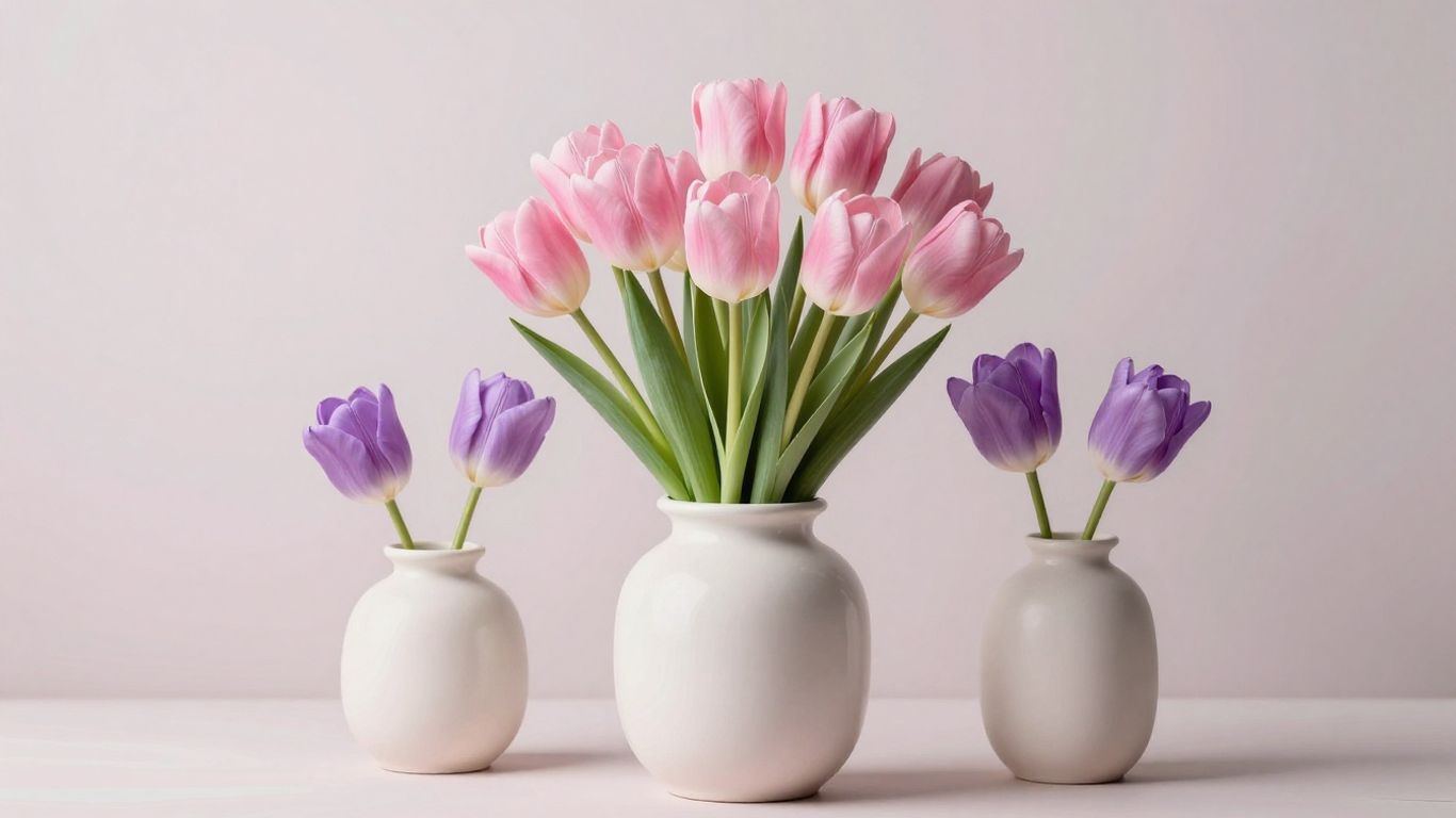 Pastel tulip display in ceramic vase
