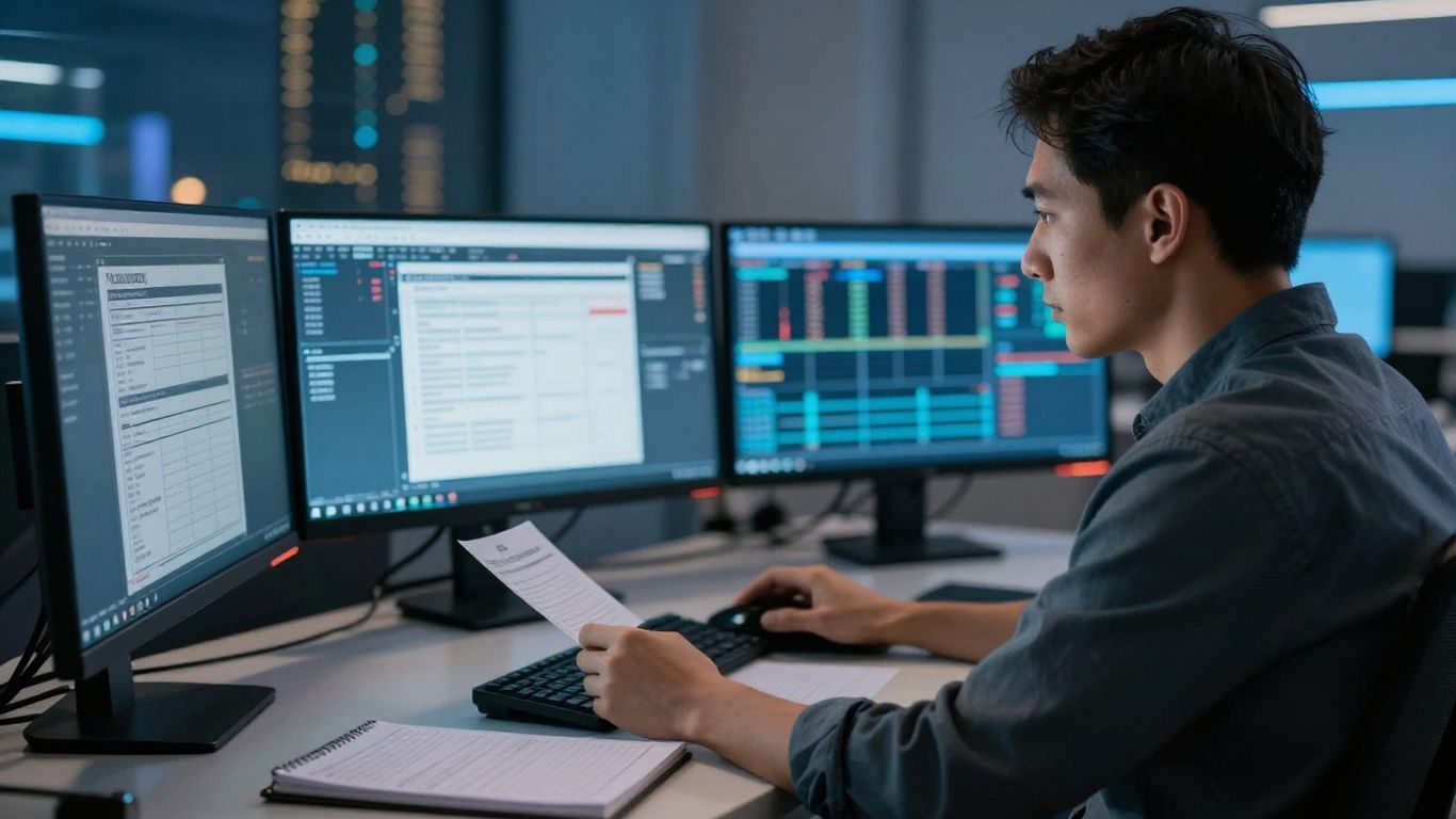 Trader comparing funded account rules beside MT5 charts