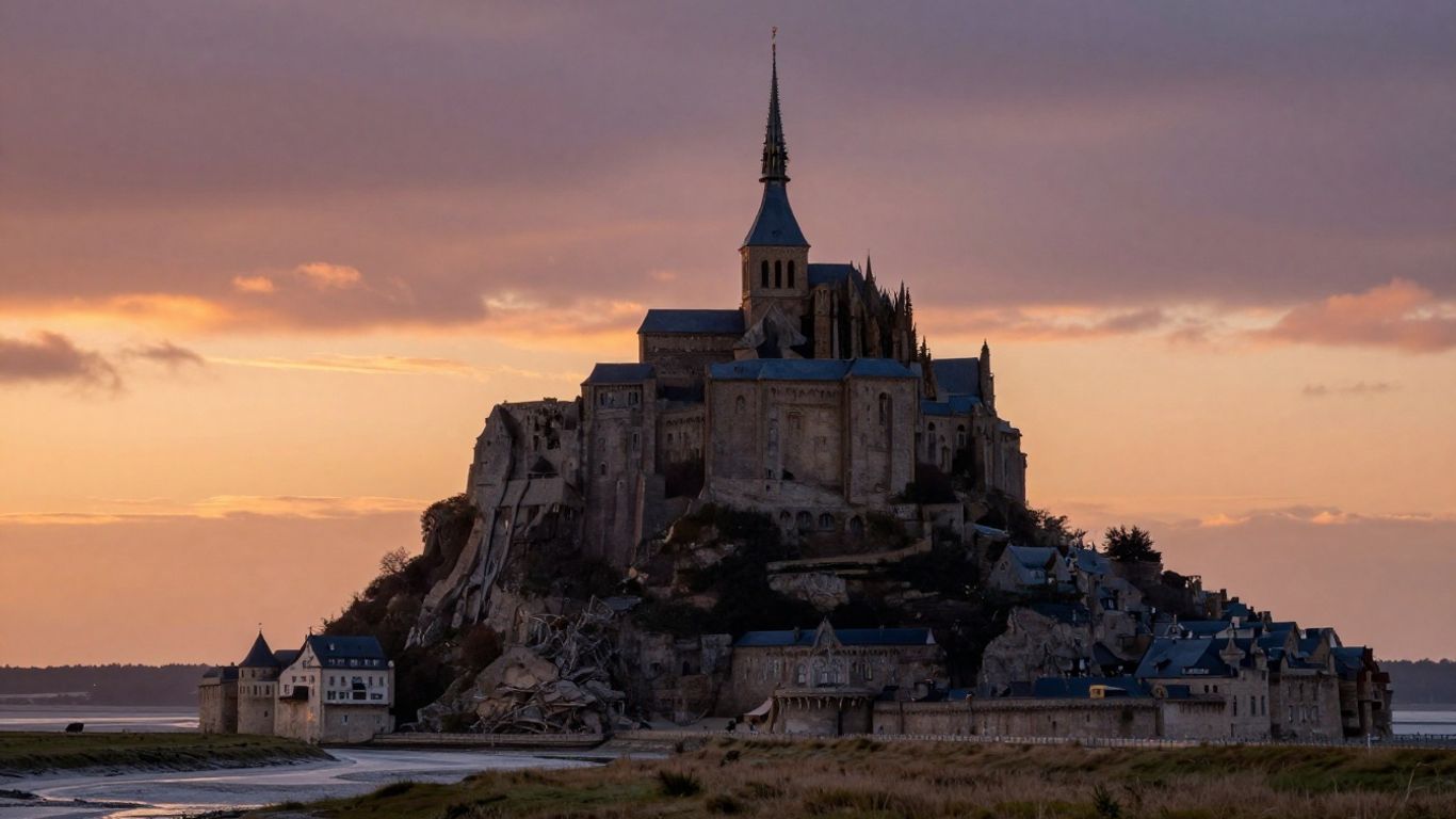 Distant Mont Saint-Michel beneath a glowing sky