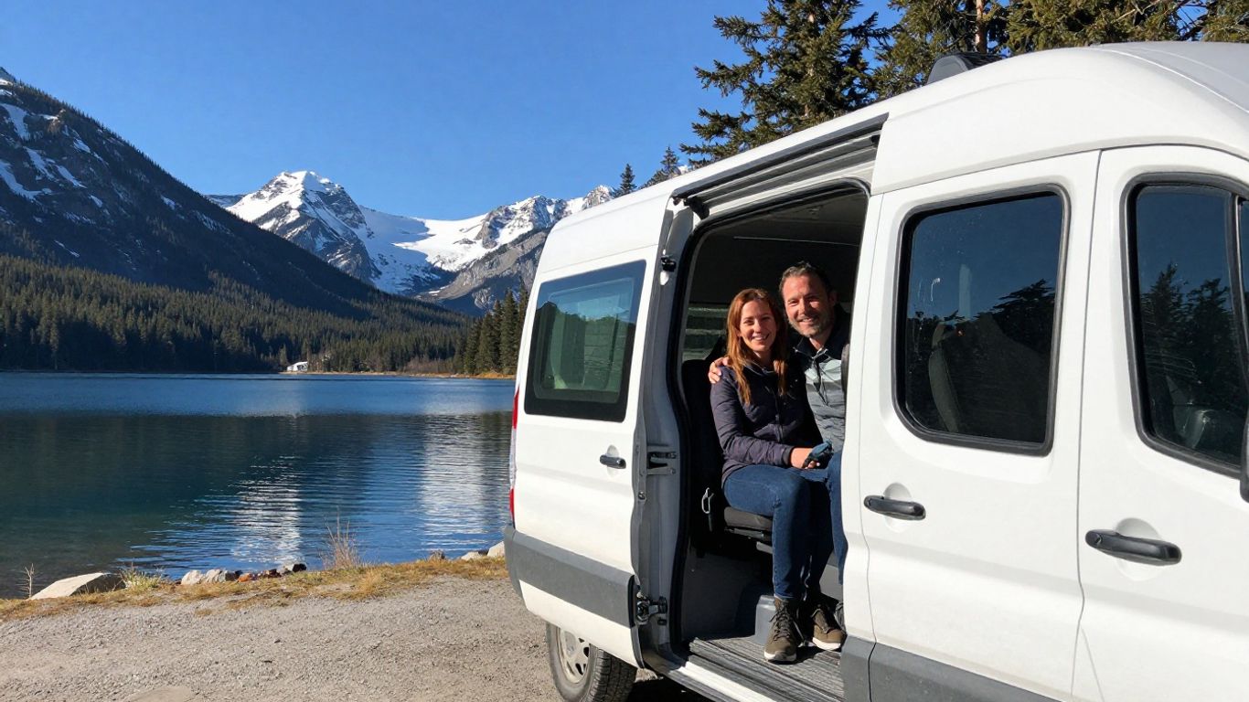 Couple in campervan with Canadian mountain lake backdrop.