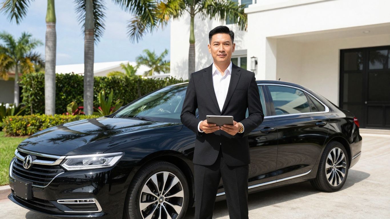 Chauffeur waiting at high-end vehicle