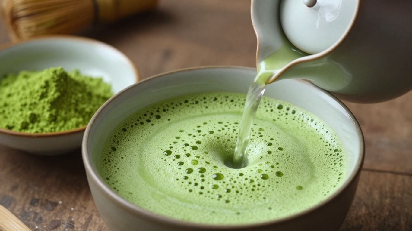 Matcha powder being whisked with hot water.