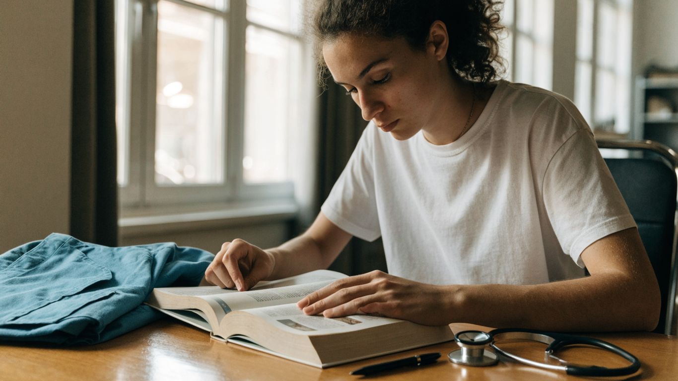 CNA student reviewing course materials beside scrubs