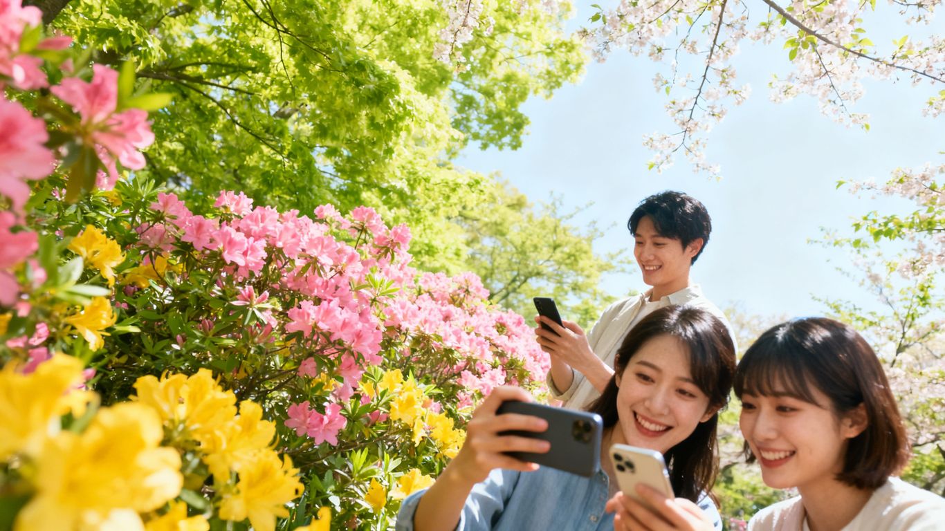 People using phones outdoors in spring, increasing social engagement.