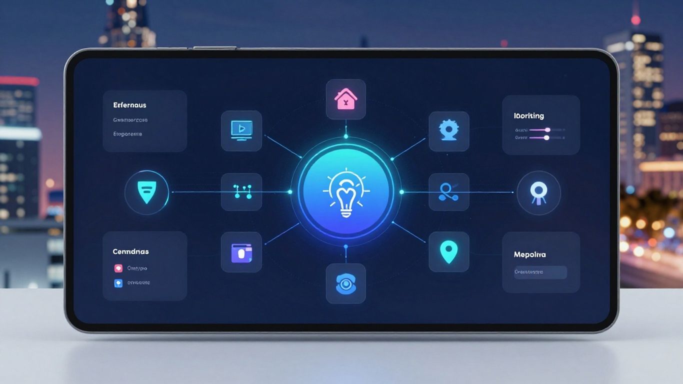Ideanote platform interface with glowing idea nodes.