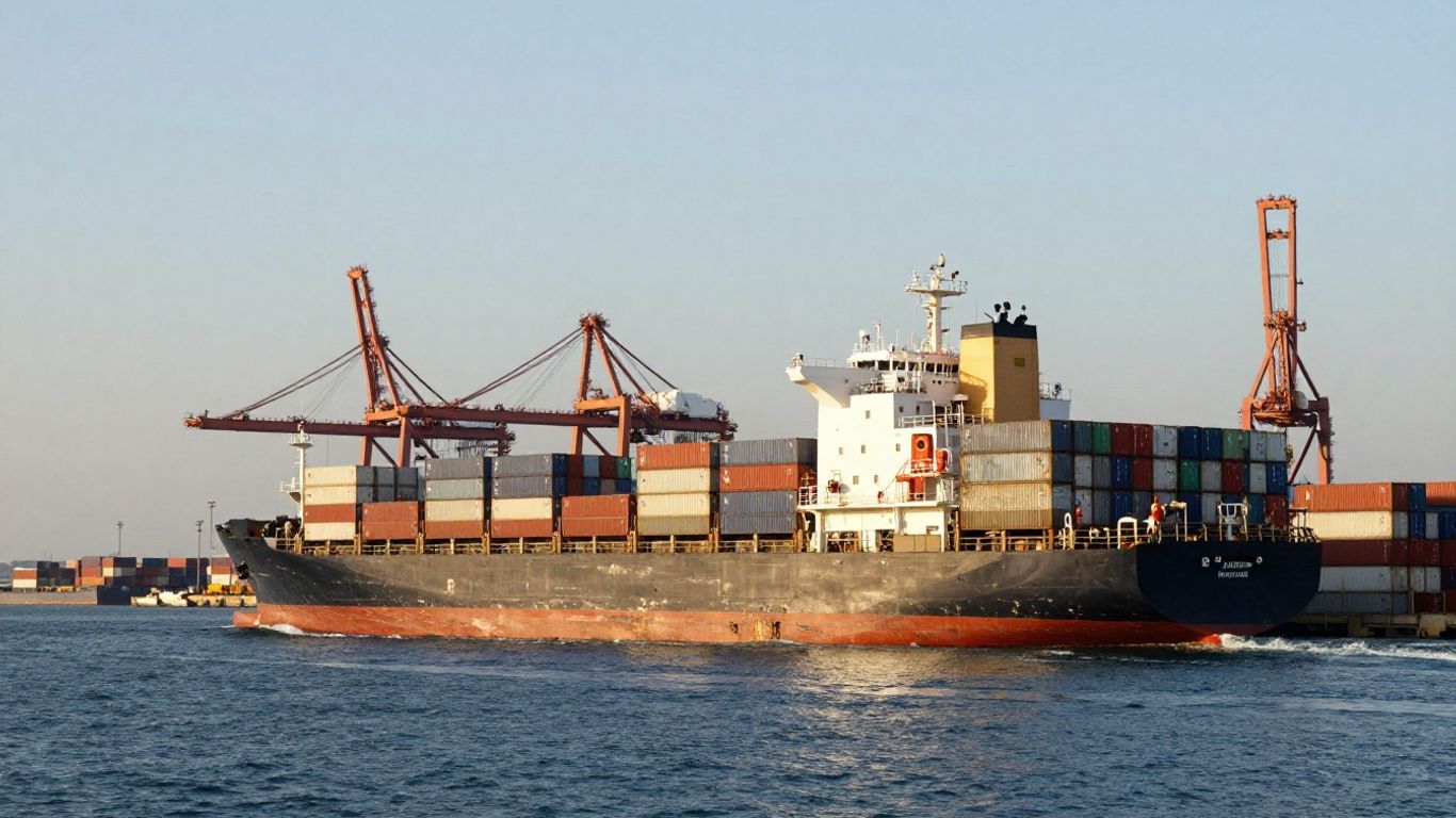 Container ship sailing towards a busy port.