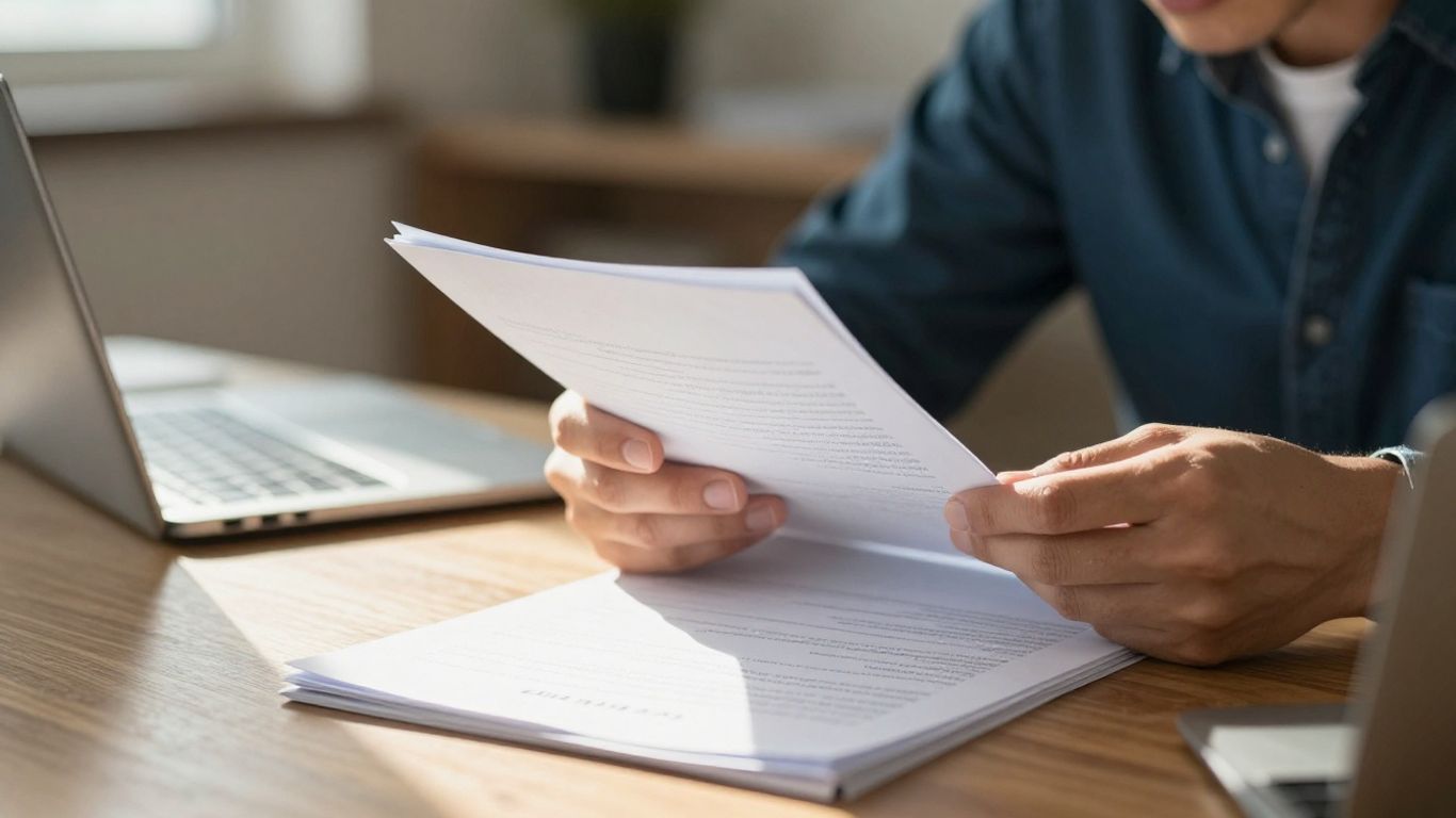 Person reviewing financial documents with sunlight.