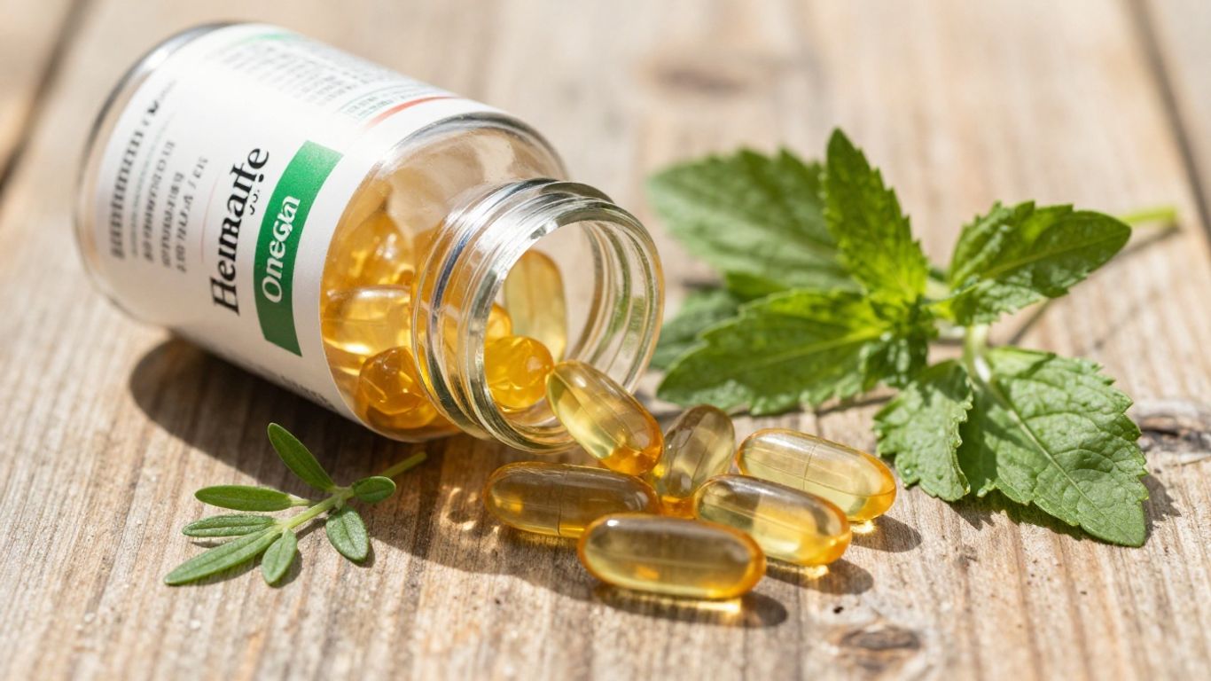 Herbal Life Omega 3 bottle with herbs and fish.