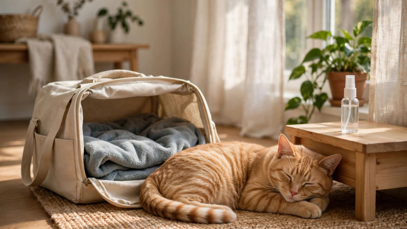 A cat carrier beside a calm resting cat