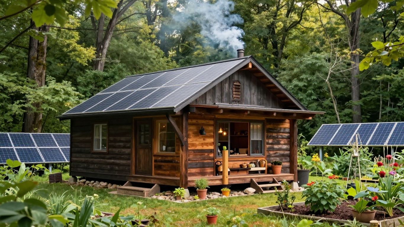 Off-grid cabin with solar panels and garden in Tennessee.