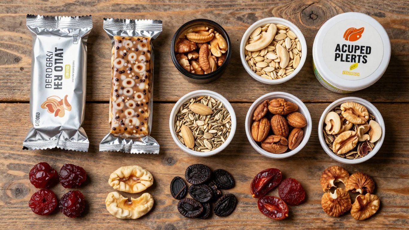 Assortment of portable protein snacks for travel.