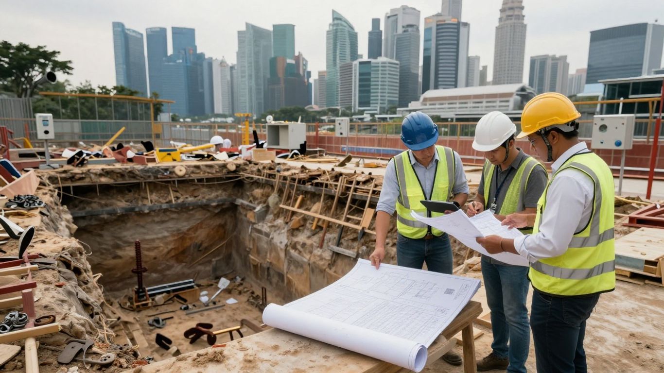 Engineers reviewing excavation plans at construction site