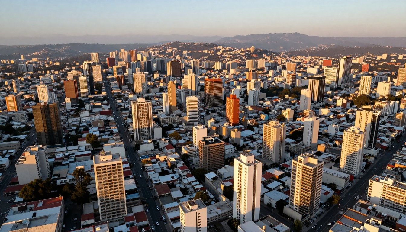 Vista panorâmica aérea da cidade fictícia de Los Santos espelhada no pôr do sol