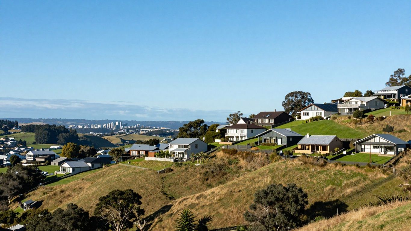 New Zealand houses with hills and blue sky.