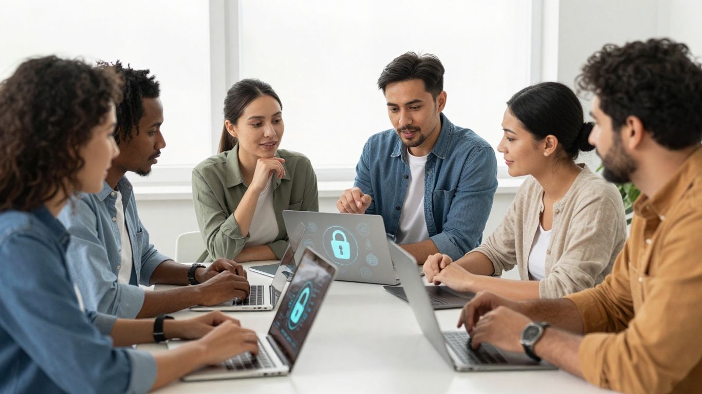 Small business owners using digital tools for identity and access management.