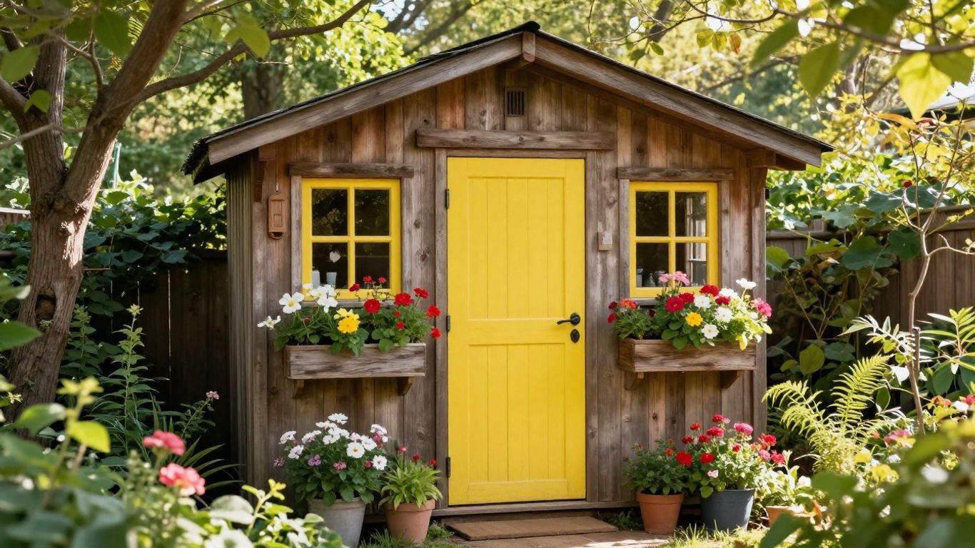 Cozy wooden she shed with flowers in a garden.