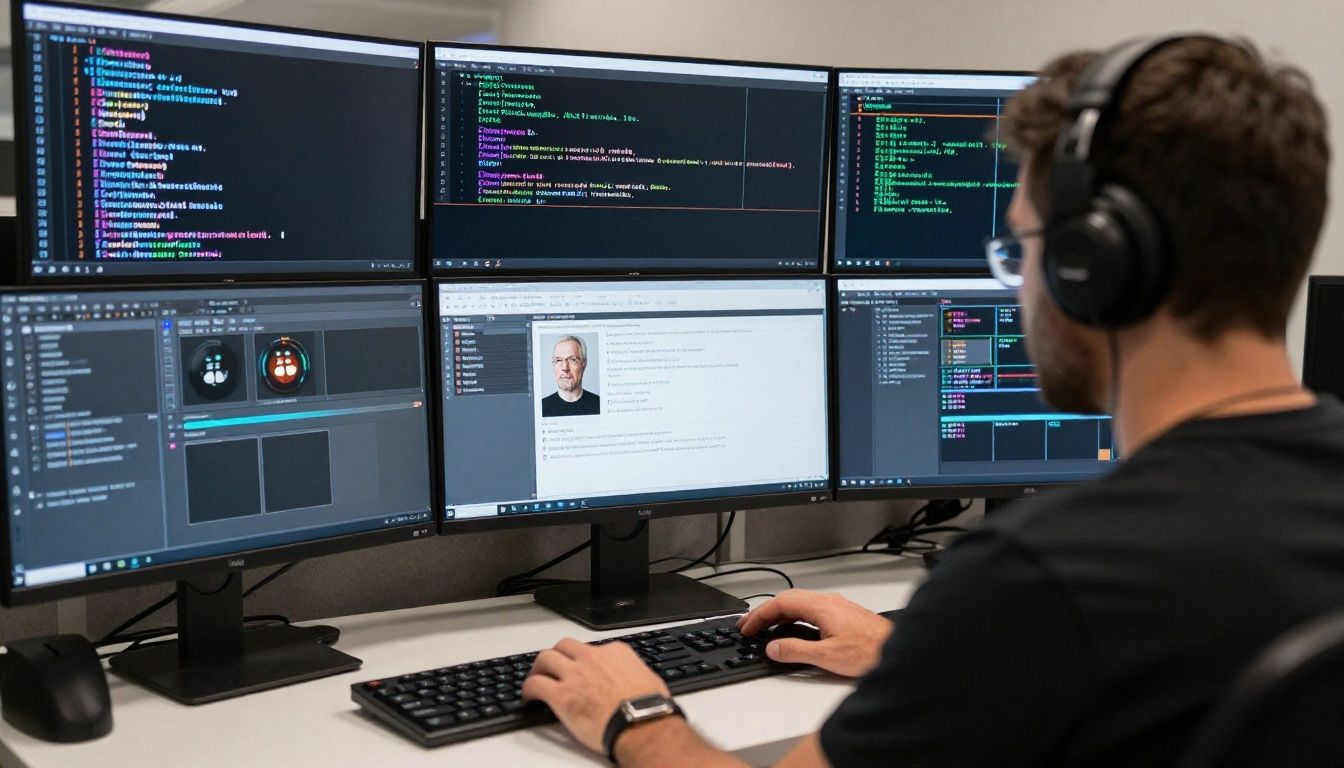 Profissional tradutor trabalhando em um computador com softwares de legendagem complexos e telas mostrando o processo de criação de legendas em vários idiomas