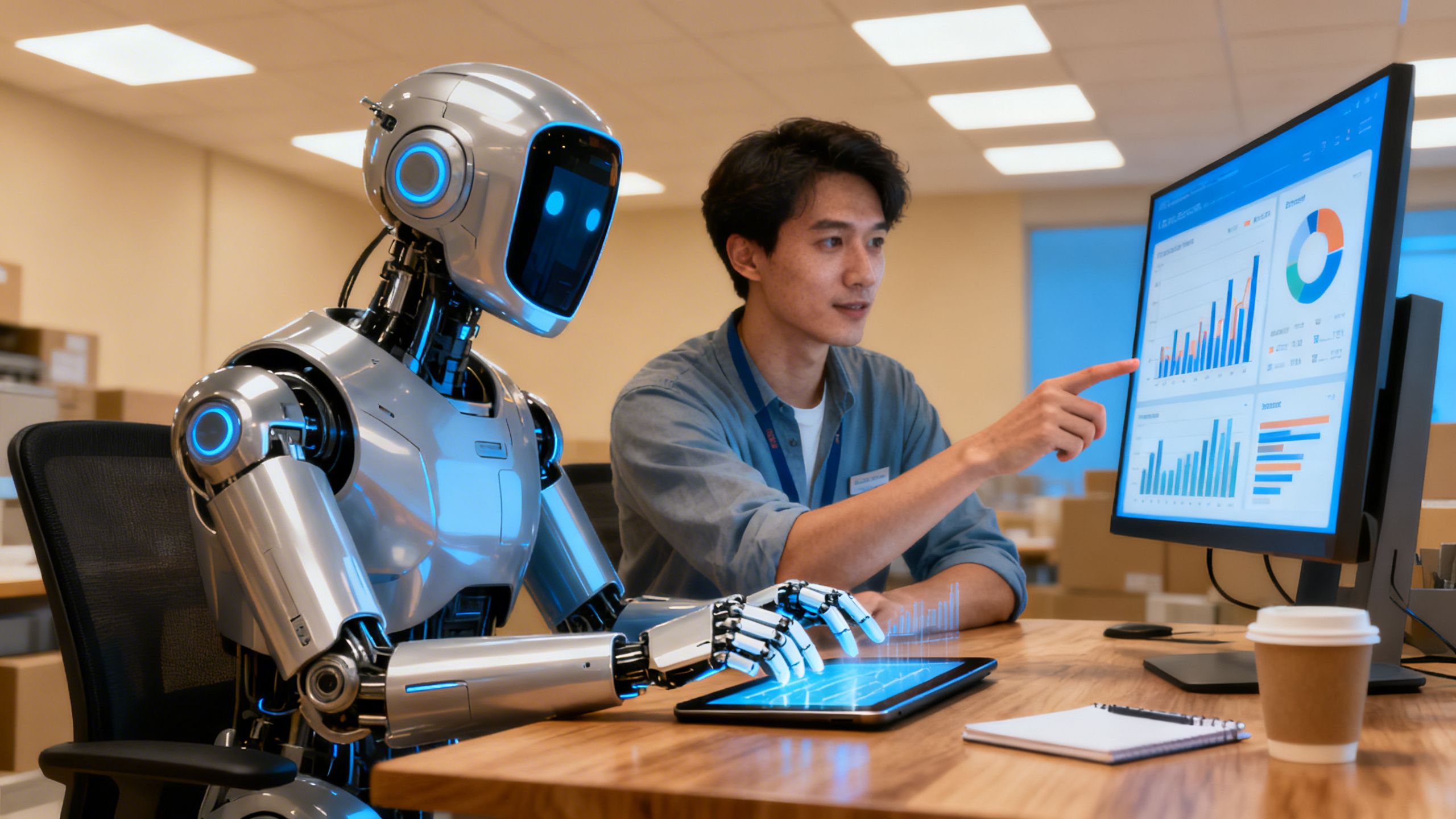 An AI robot co-pilot working alongside an eCommerce seller at a desk, analyzing data on a screen.