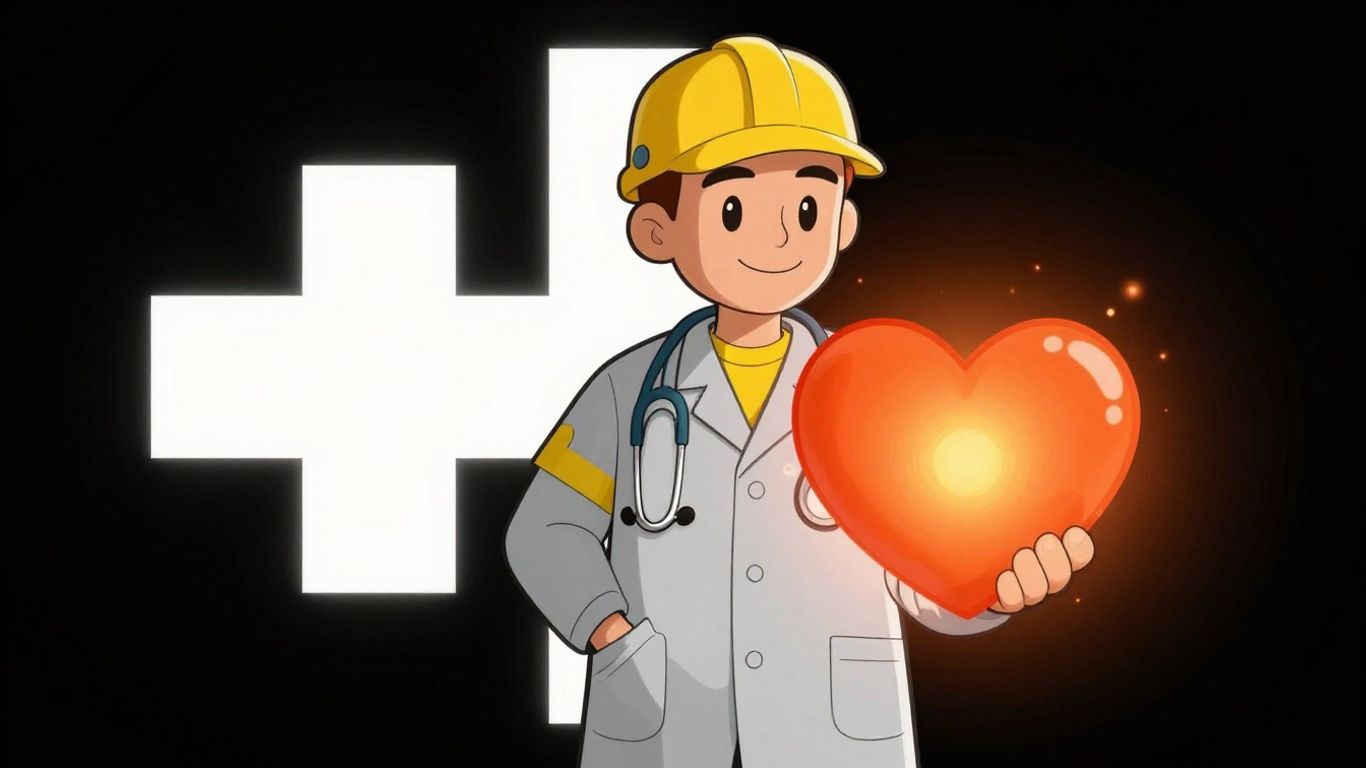 Cartoon doctor holding a glowing heart with medical cross.