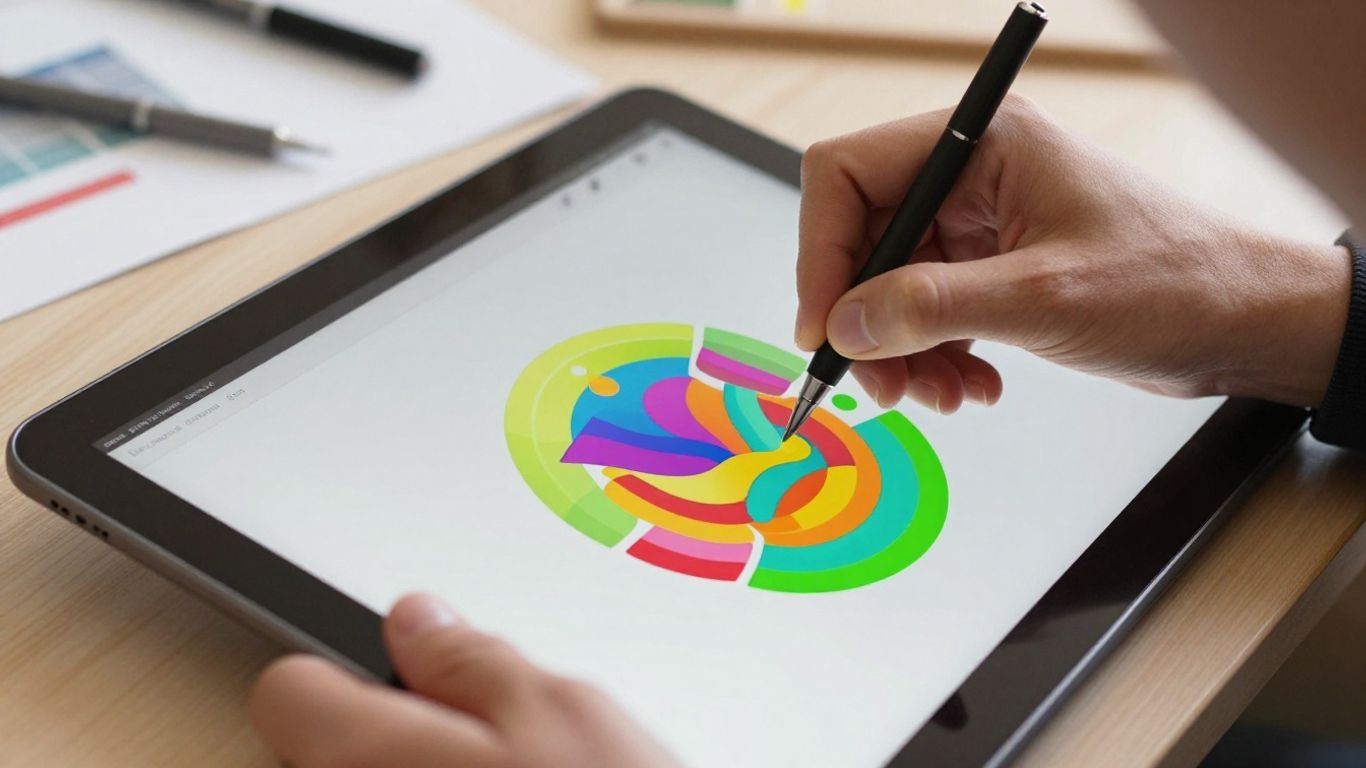Designer creând un logo pe tabletă.
