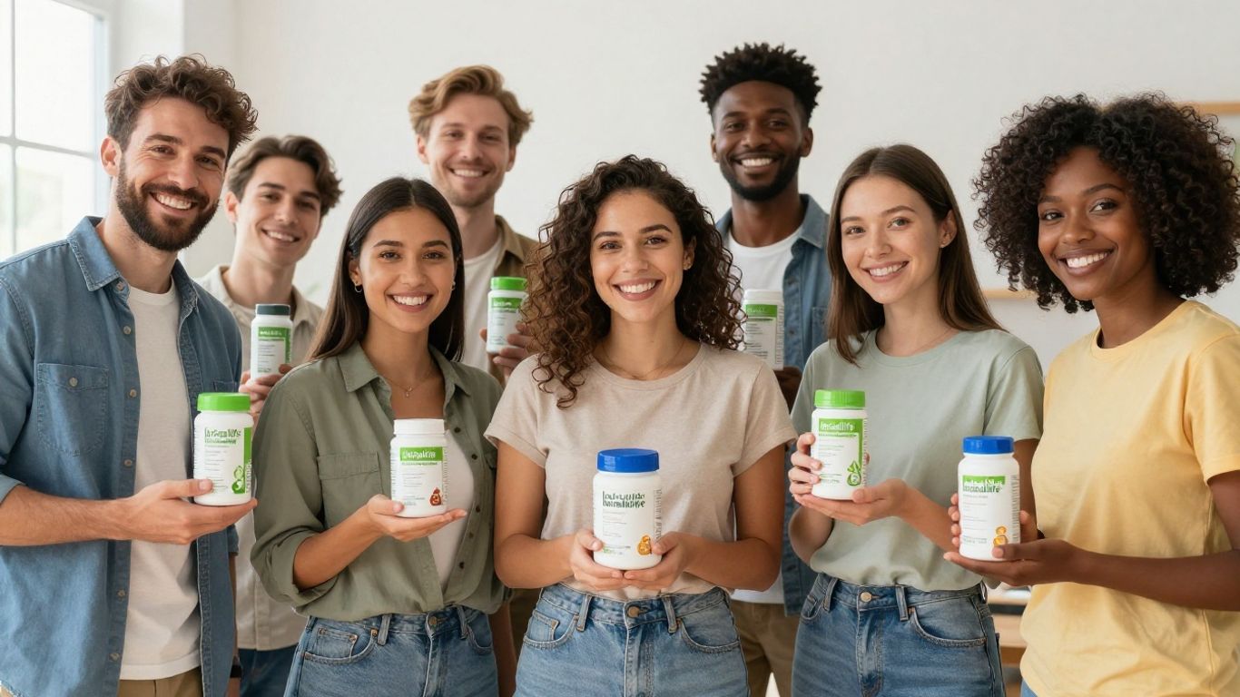 People holding Herbalife products, looking healthy and happy.