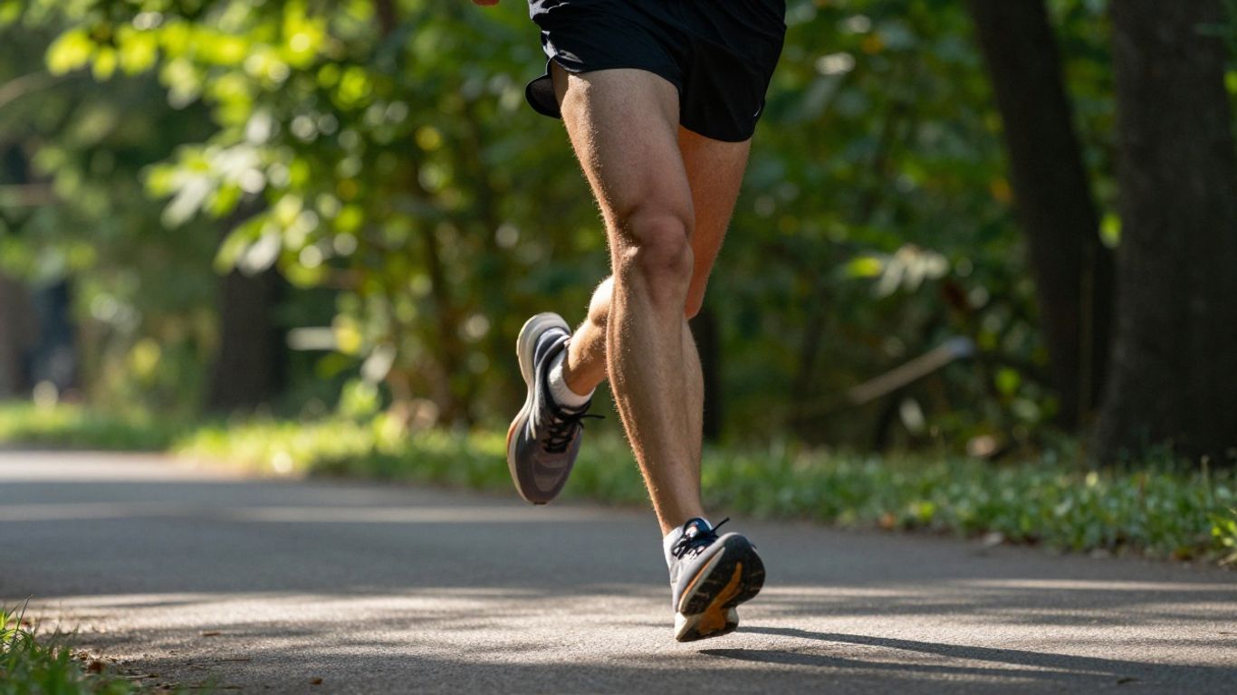 Runner's feet mid-stride on a path.
