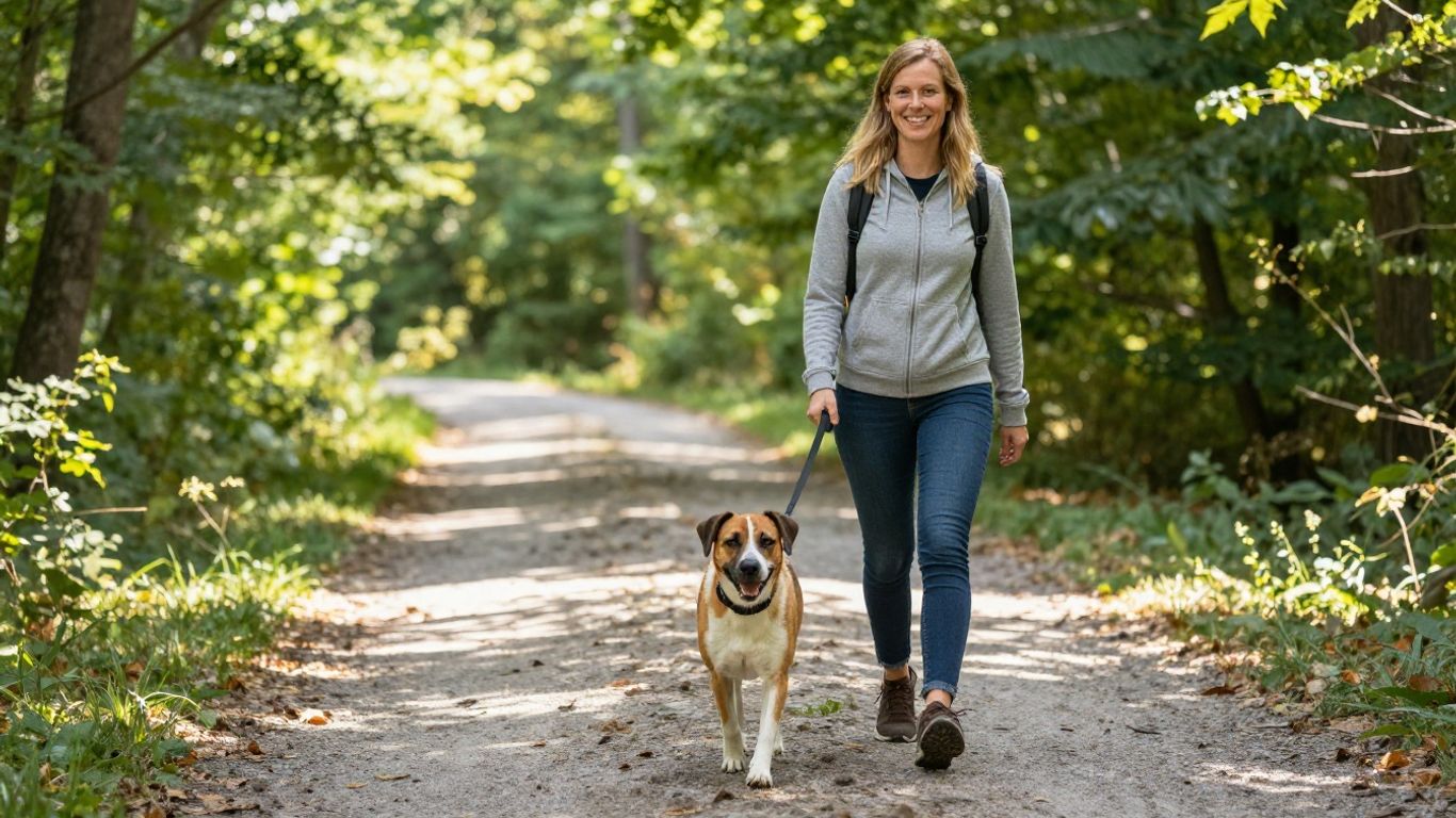 Dog walking off-leash with owner in Tennessee.