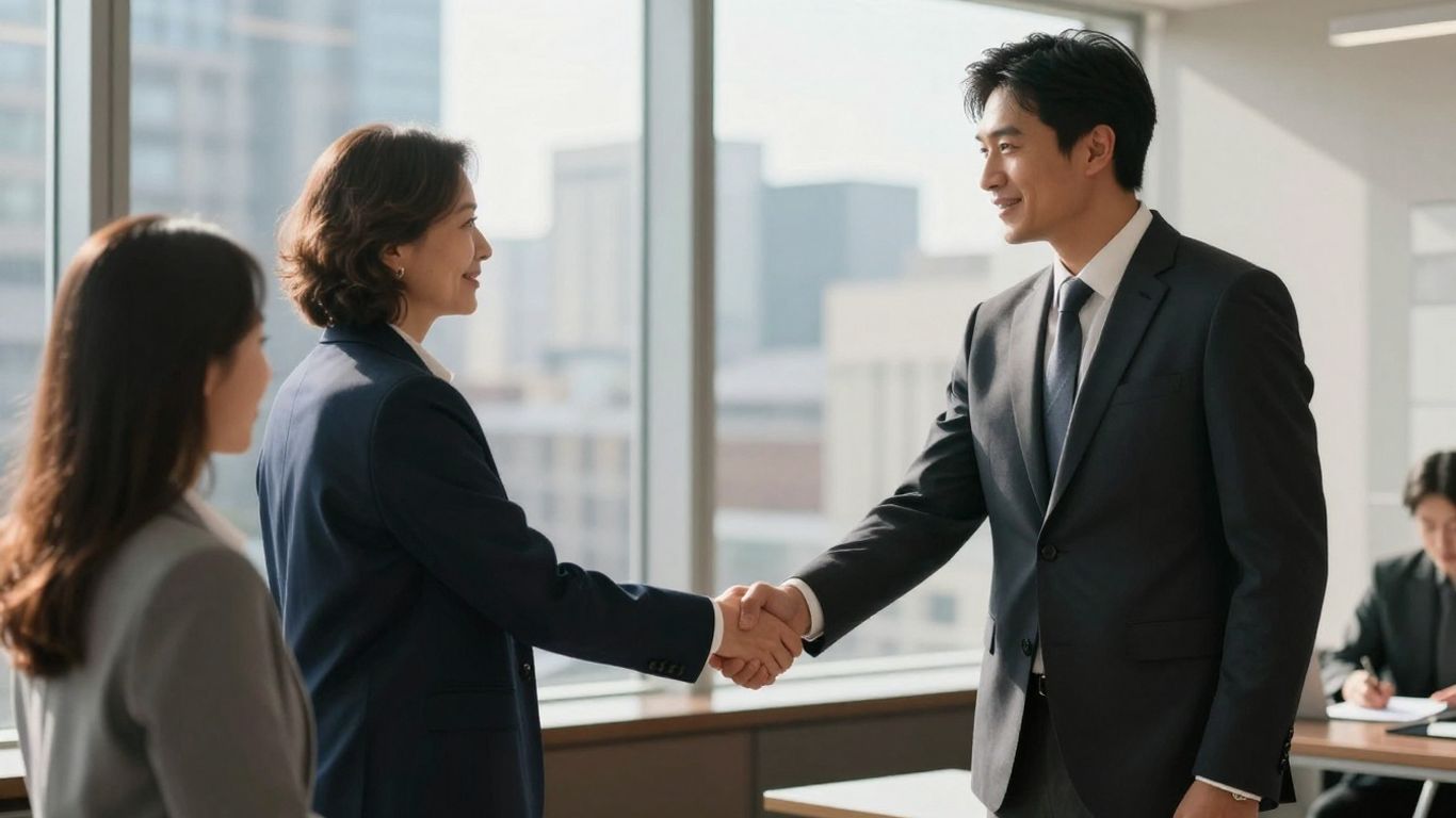 Professional handshake with cityscape background, symbolizing career success.