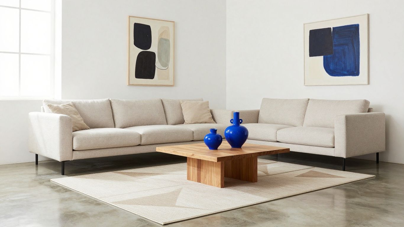 Modern living room with minimalist furniture and abstract art.