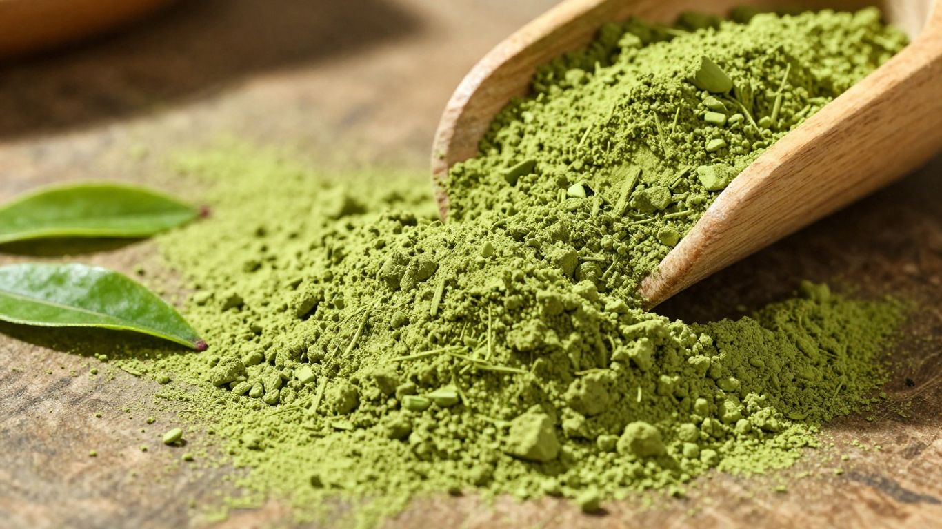 Vibrant green organic matcha powder in a wooden bowl.
