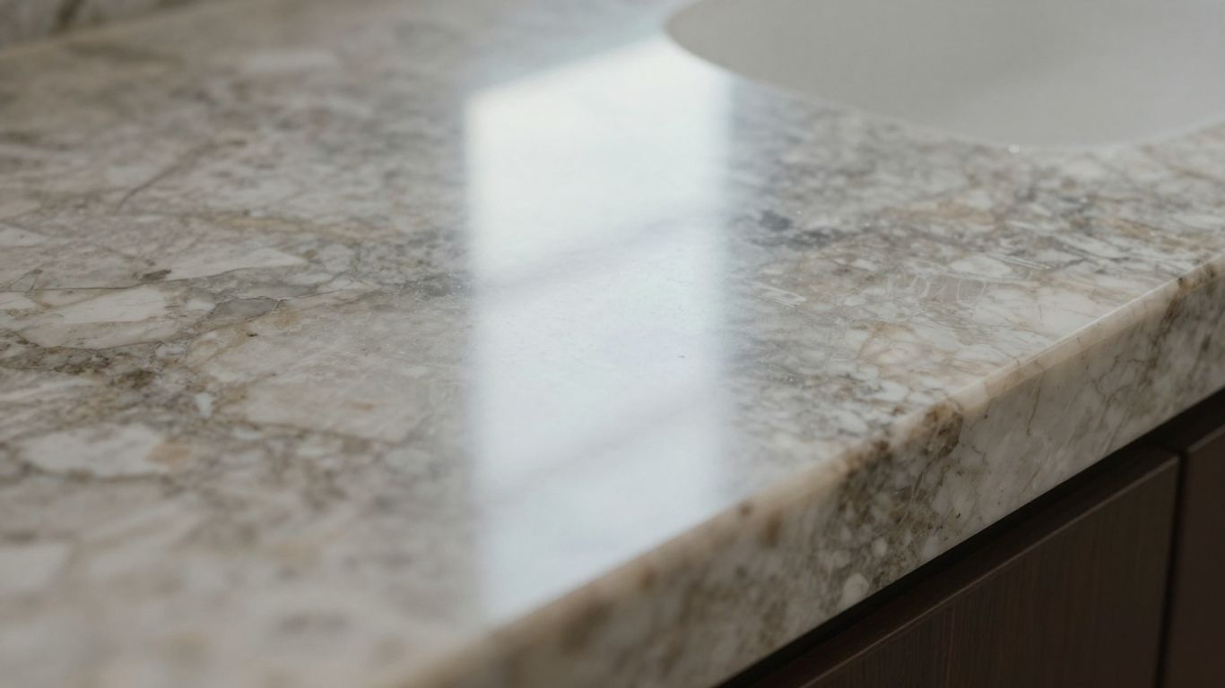 Polished quartz worktop surface with subtle veining.