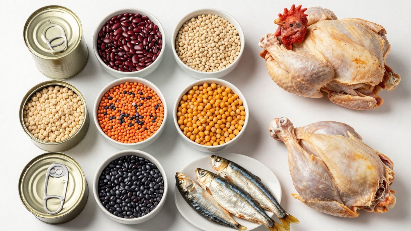 Budget protein sources: canned fish, legumes, and chicken.