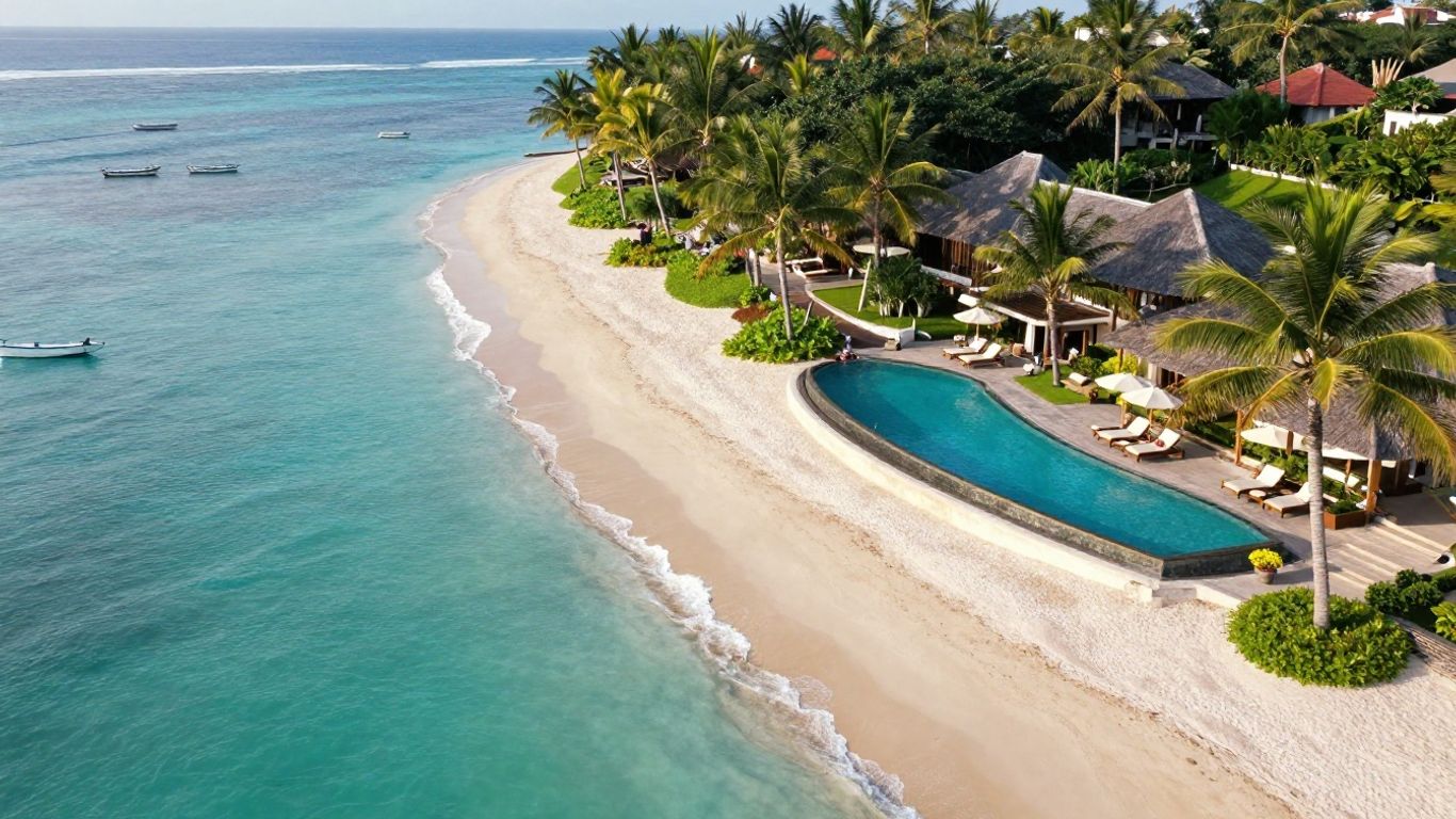 Aerial view of Bali beach resort coastline