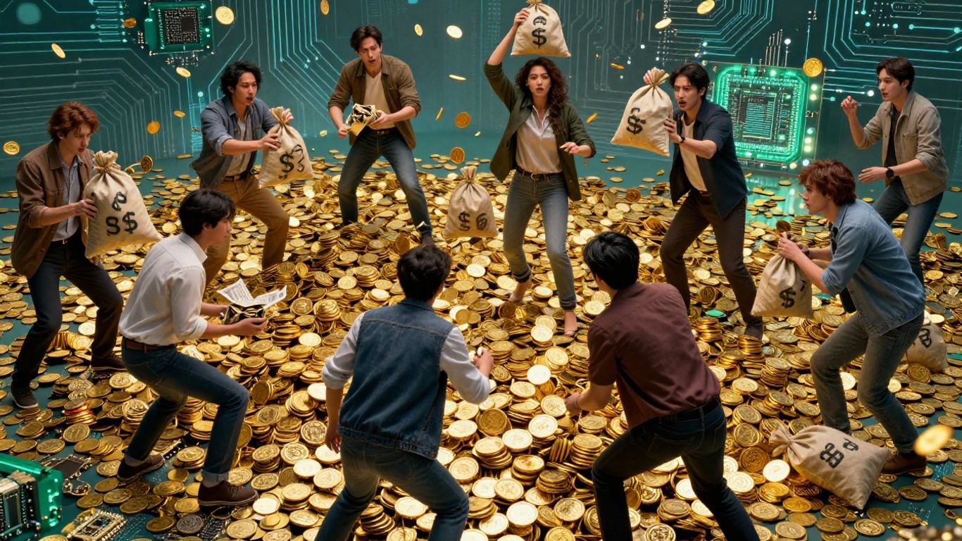 People scrambling for gold coins and silicon chips amidst chaos.