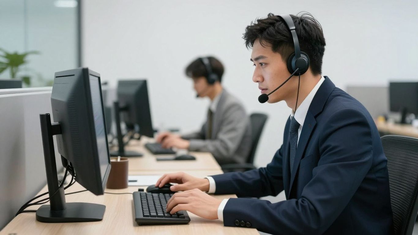 IT helpdesk technician assisting a client at a computer.