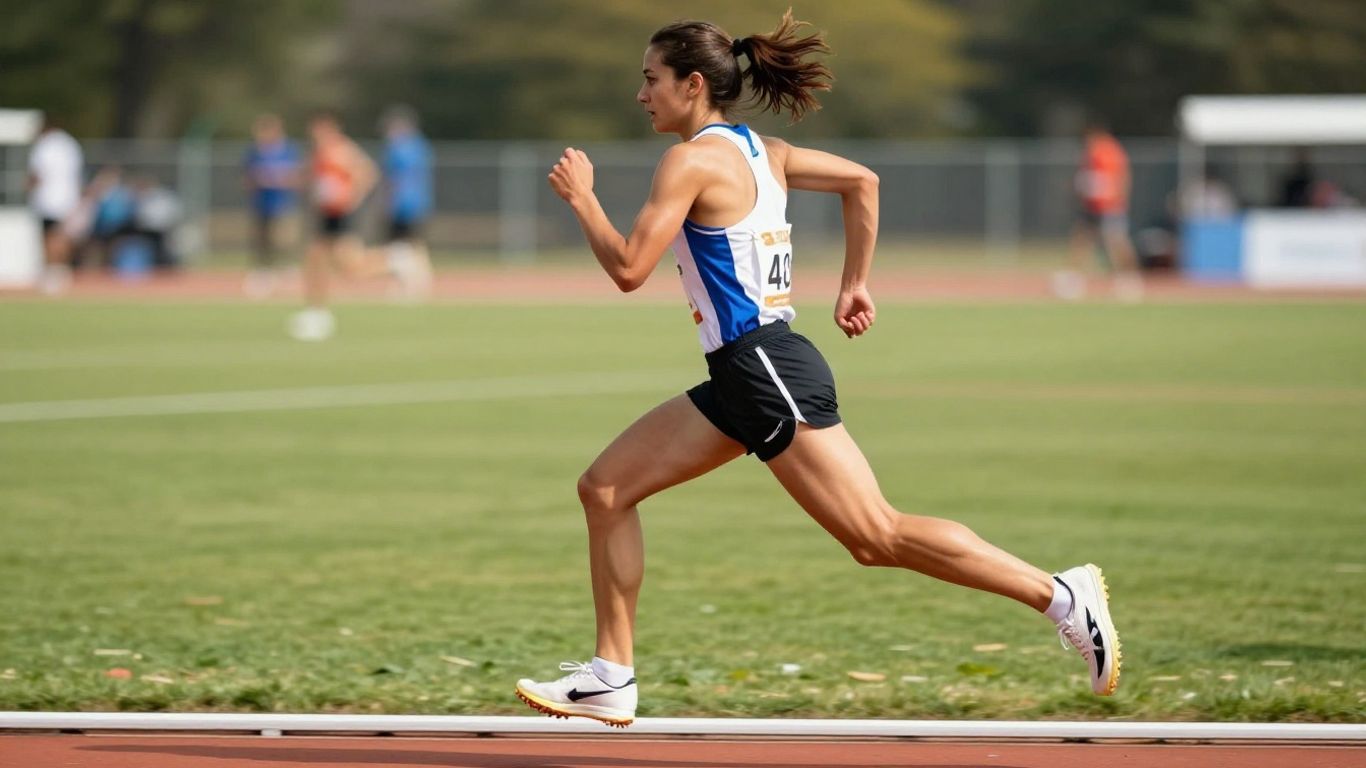 Runner on a track, focused on race pace.