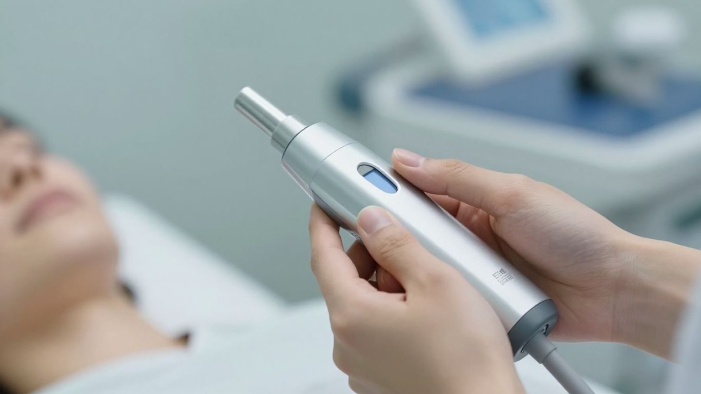 Hands holding a TMS therapy device in a clinical setting.