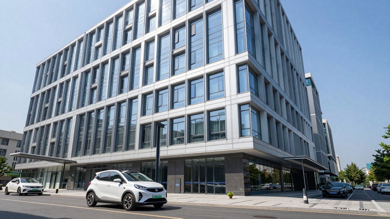 Ein wendiges Elektroauto vor einem modernen Bürogebäude