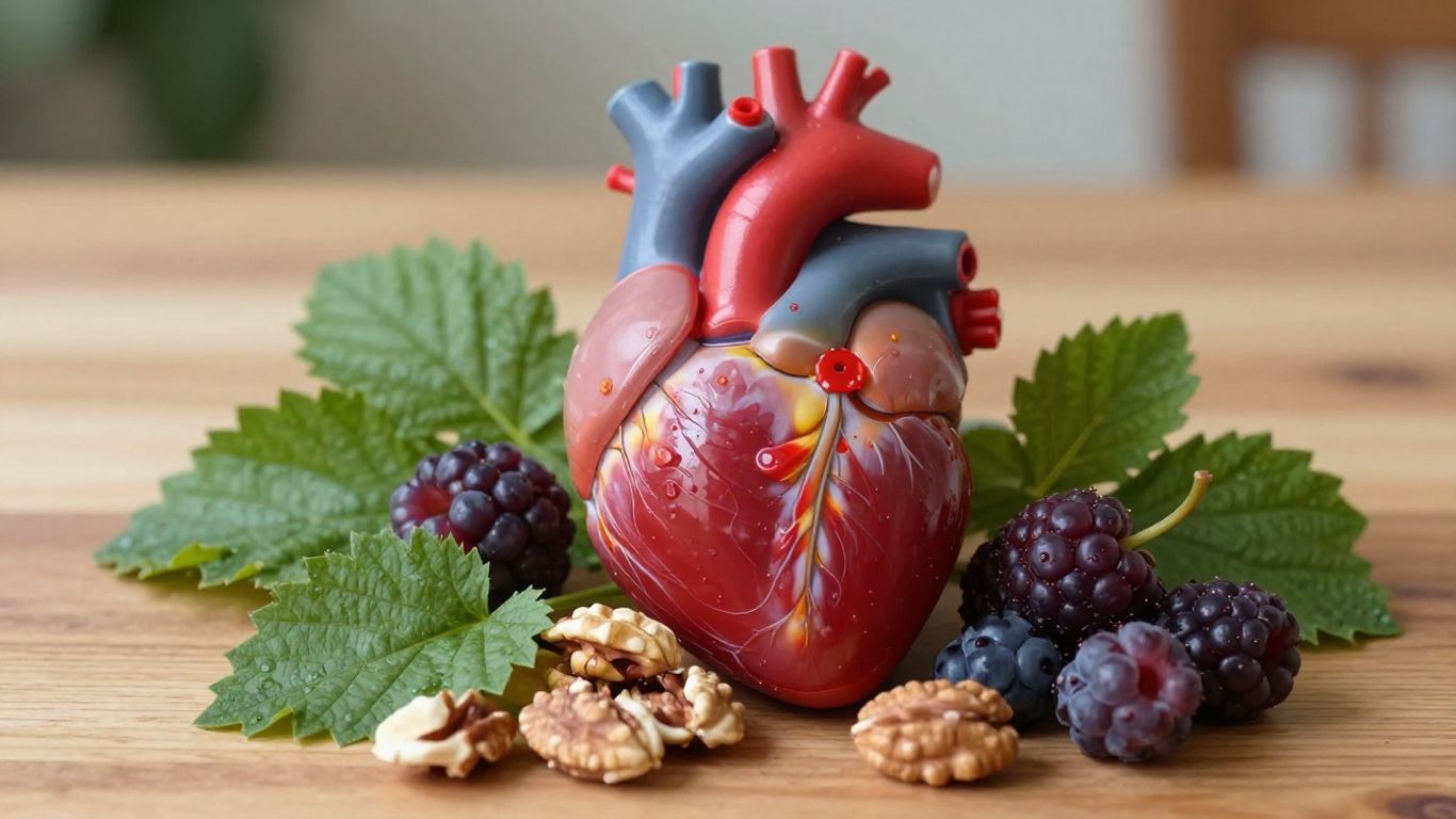 Fresh berries, greens, nuts, and model heart on table.
