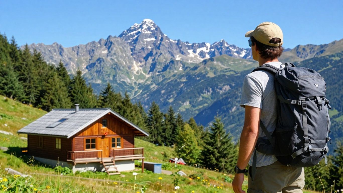 Backpacker overlooking mountains near a rustic cabin.