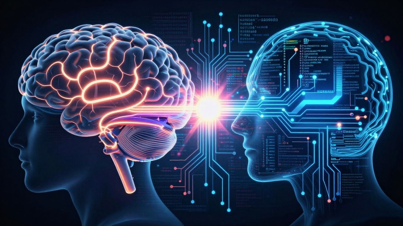 Human brain merging with AI network, game-like illustration.