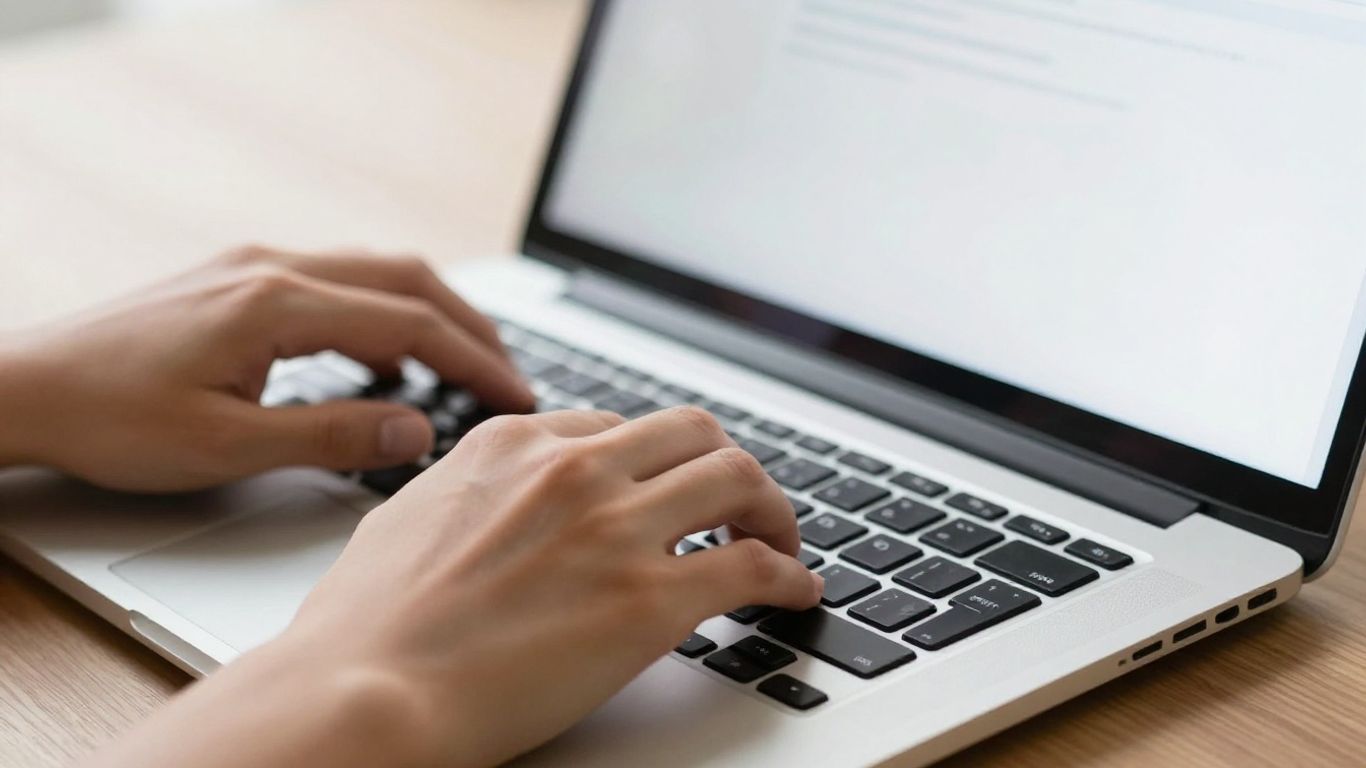 Hands typing on a laptop with Wordtune editor interface.