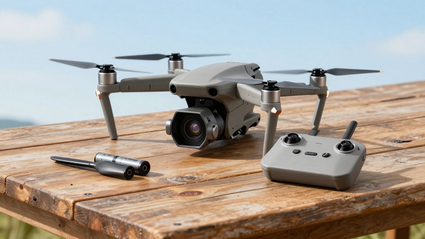 Folded camera drone with remote controller outdoors