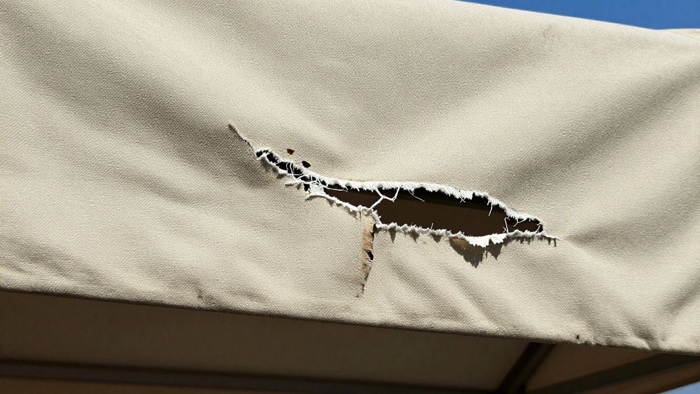 Torn canvas awning with sunlight shining through the rip.