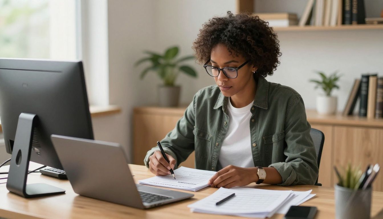 A diverse determined professional at a desk reviewing a goal plan and calendar, calmly resetting priorities after a setback, warm natural light, realistic editorial style, no text or letters